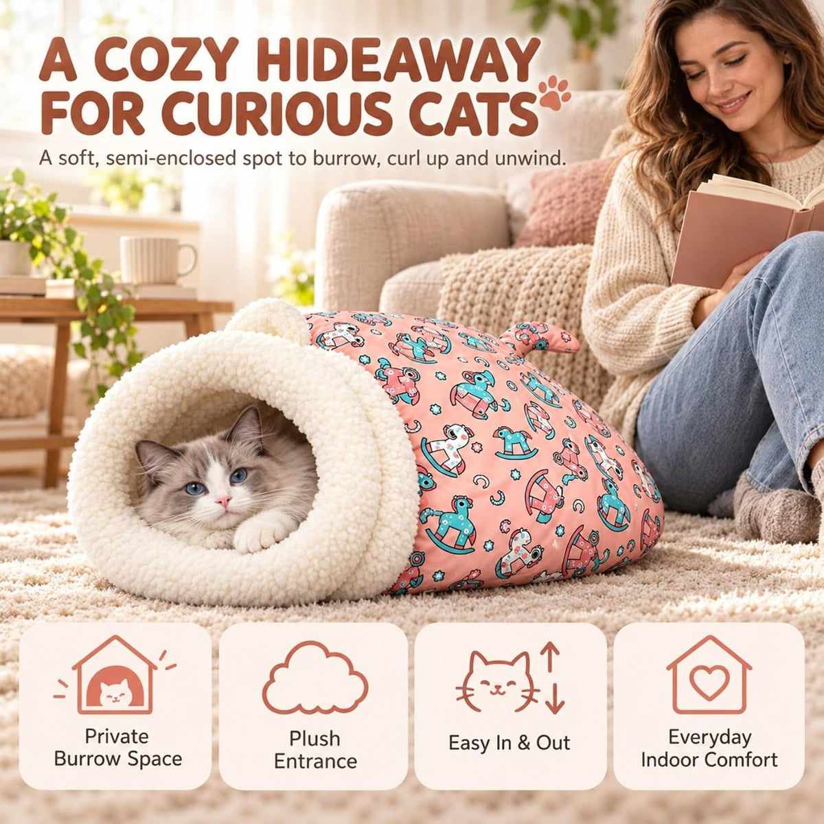 Cat Sleeping Bag for Indoor Cats, Plush Cat Sack Bed with Cozy Cave Opening