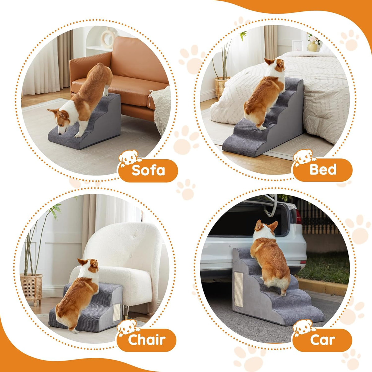 Dog Stairs for Small Dogs 19.7" H, Dog Ramp for Bed, 4-Step, Grey