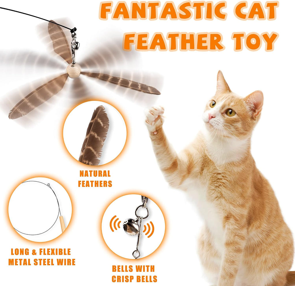 JXFUKAL Cat Wand Toys, Interactive Cat Toys with 3 Feather Refills, 29'' Flexible Steel Wire, Sturdy Wood Handle & Bell 
