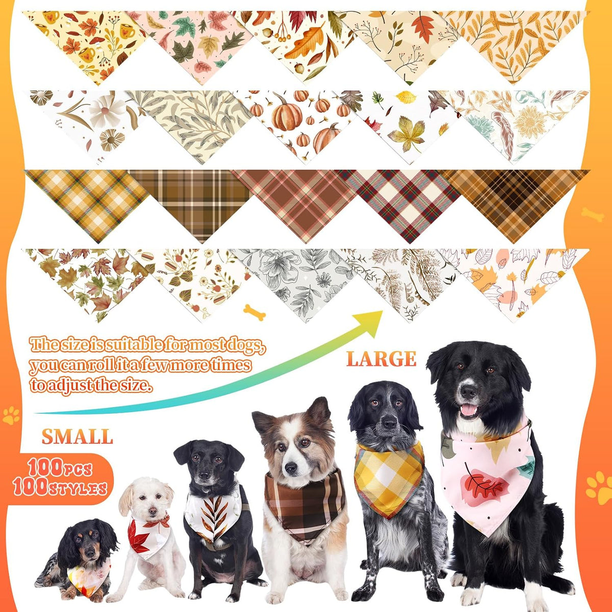 Huhumy 100 Pcs Thanksgiving Fall Dog Bandanas Bulk Fall Bandana for Dogs