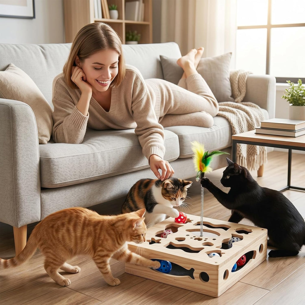 Cat Nail File Scratcher Box, 4-in-1 Interactive Wooden Scratch Puzzle Toy