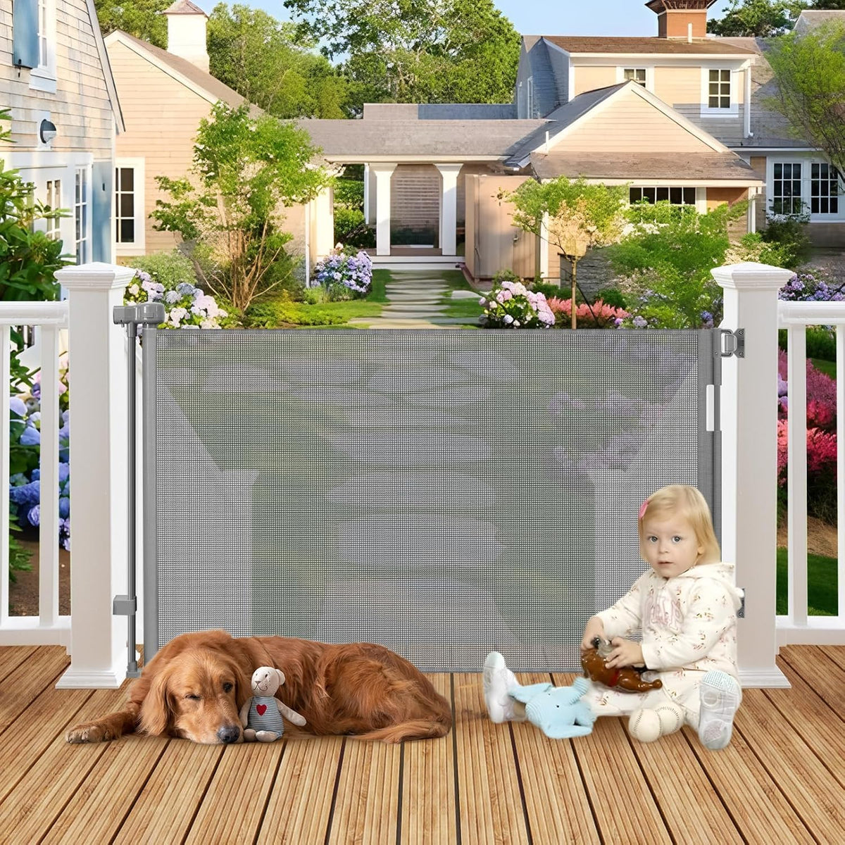 Weatherproof Outdoor Retractable Gate for Dogs, 55" Wide Outdoor Baby Gate