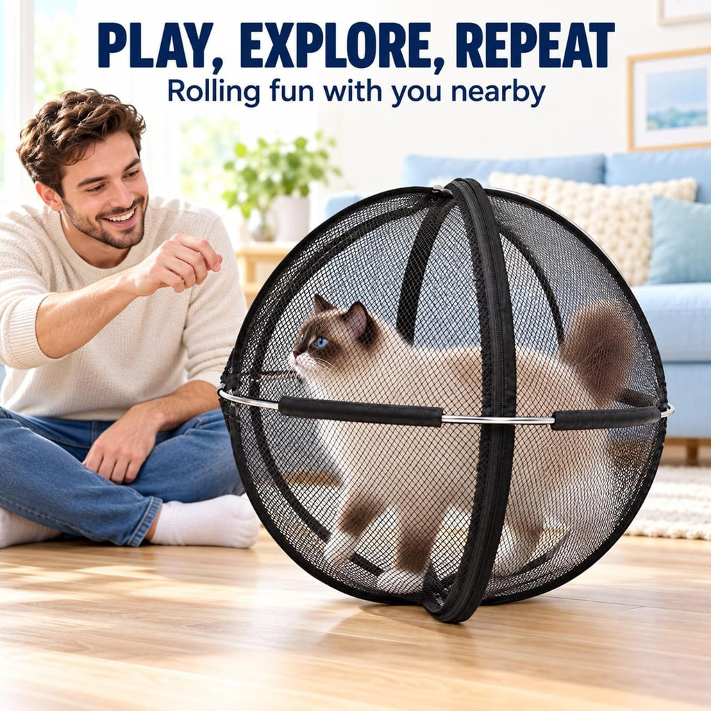 Cat Hamster Ball, 27-Inch Rolling Cat Enclosure, Foldable Mesh Playpen