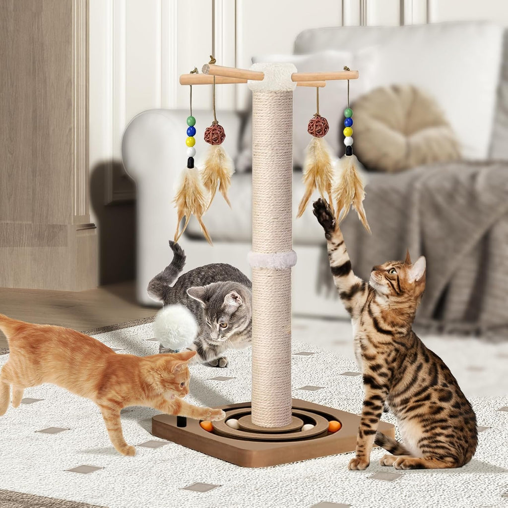 Cat Scratching Post, Sisal Scratcher with Enrichment Toys for Indoor Cats