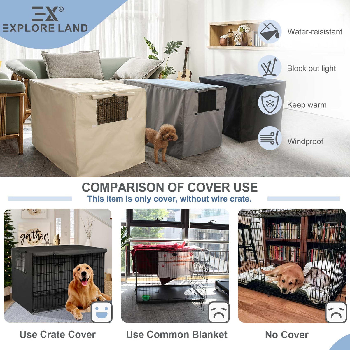 Explore Land Dog Crate Cover, 48 inches, Black