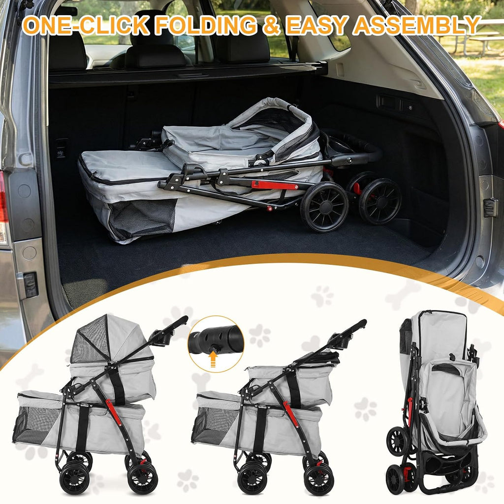Double Pet Stroller for Cats and Dogs, 2-in-1 Lightweight Foldable Travel Cart with Cup Holder and Foot Brake, Double Do