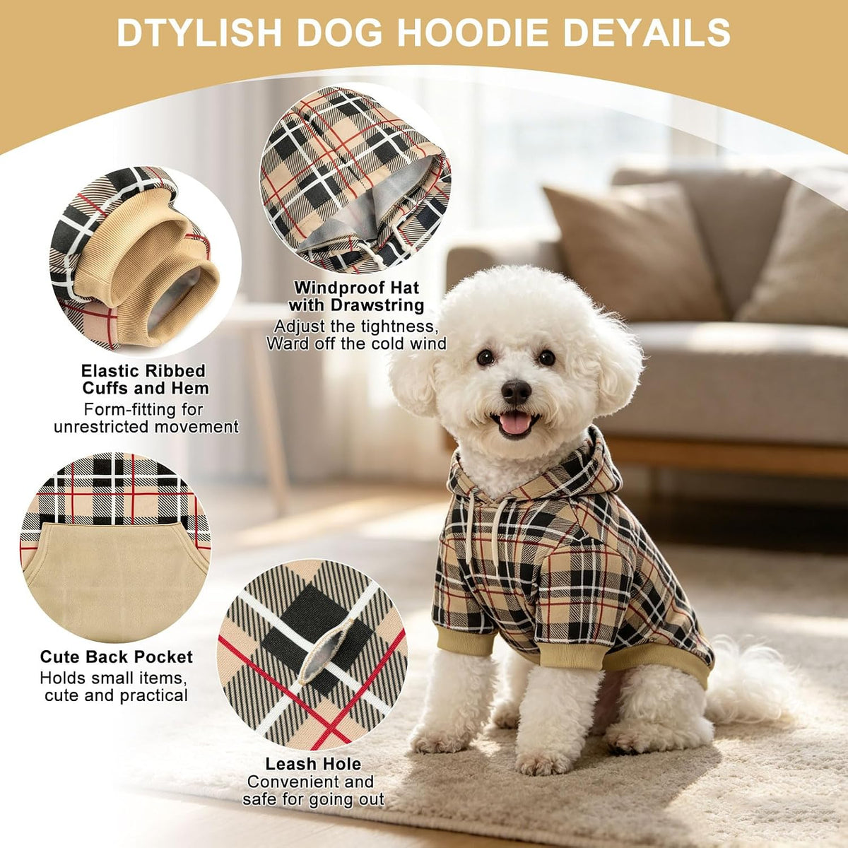 Plaid Dog Hoodie - British Style Warm Dog Sweater Shirt with Leash Hole,Pitbull Clothes Outfits,Winter Coat Apparel for 