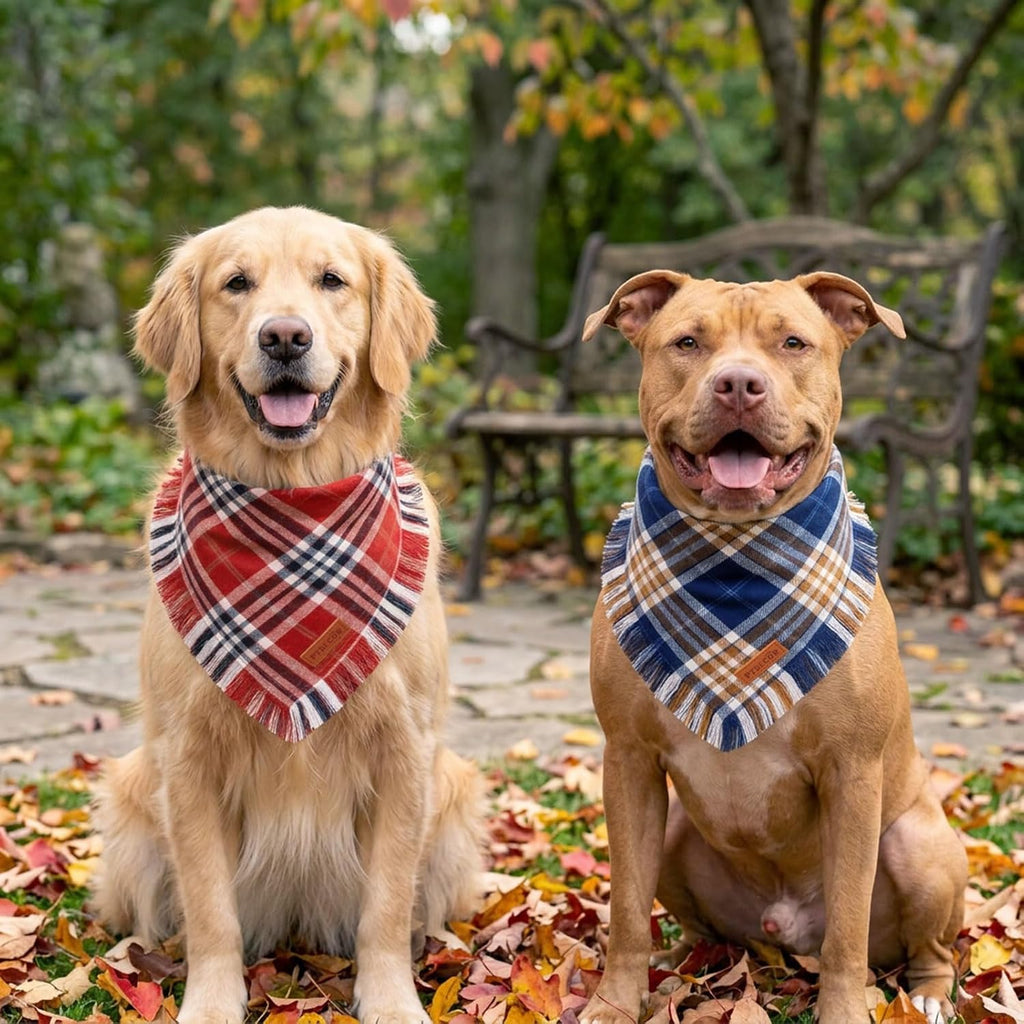 PTDECOR Fall Plaid Dog Bandana with Tassels,Thanksgiving Pet Scarf, Large