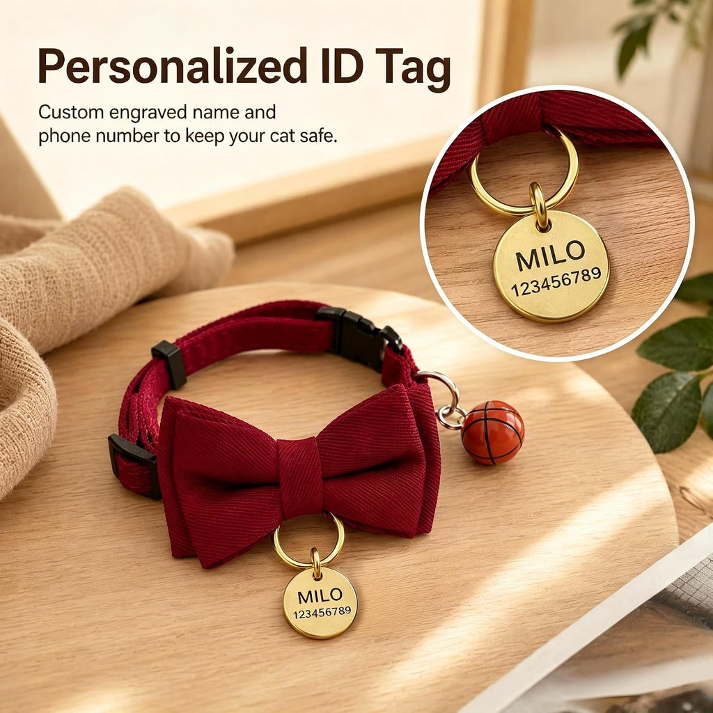 Personalized Cat Collar Bow Tie with Name Tag & Bell for Cats & Kittens