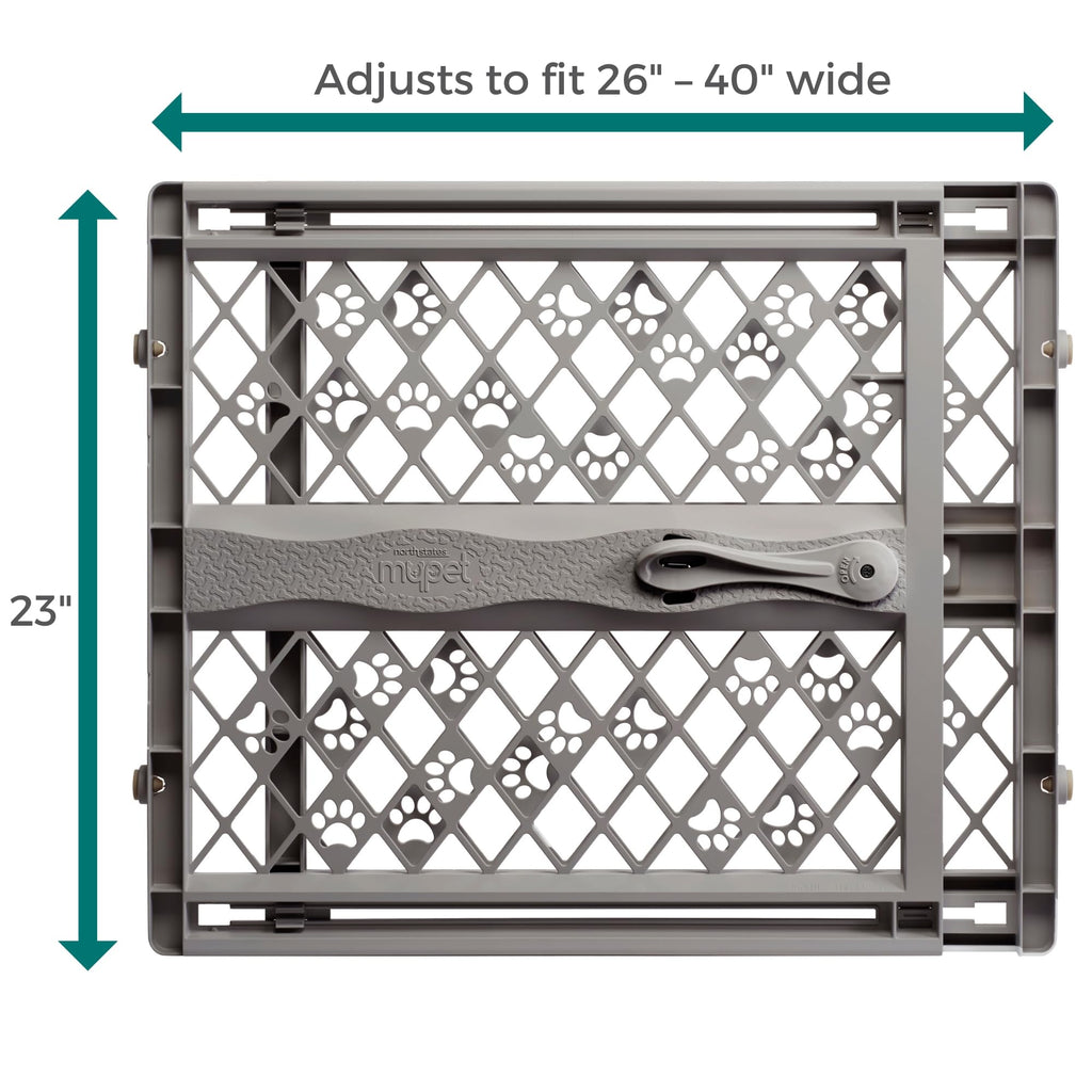 MYPET Paws Portable Pet Gate: 26-40" Wide Expandable, Pressure Mounted No Tools Needed, Durable Dog Gate for Doorways, Made in USA, 23" Tall, Fieldstone Gray