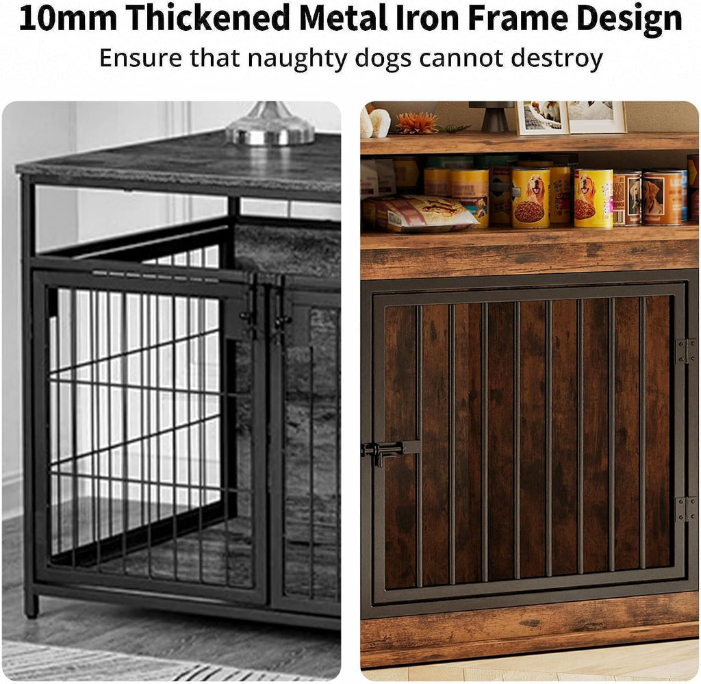 IRONCK 43.3" Corner Dog Crate Furniture with 2-Tier Shelves Rustic Brown
