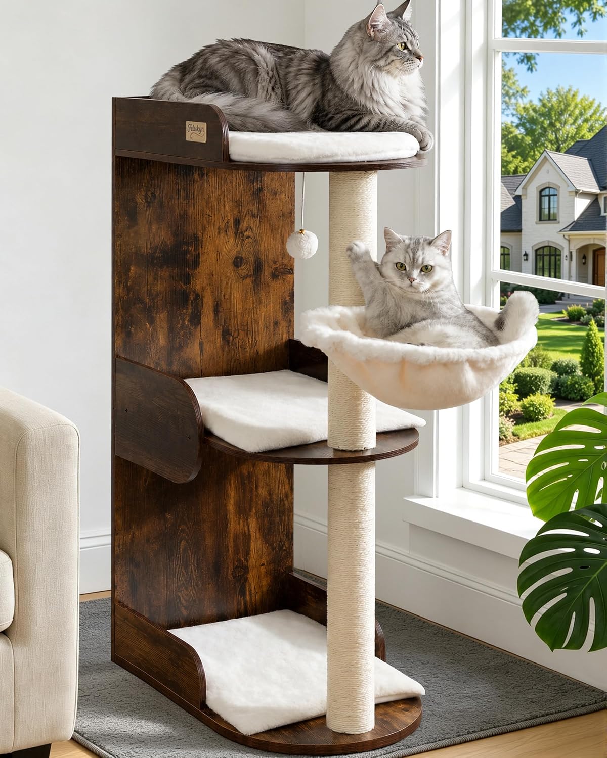 Modern Wood Cat Tree Tower for Indoor Large Adult Cats with Big Perch Bed