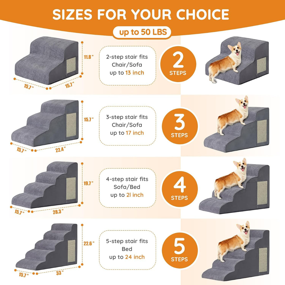 Dog Stairs for Small Dogs 19.7" H, Dog Ramp for Bed, 4-Step, Grey
