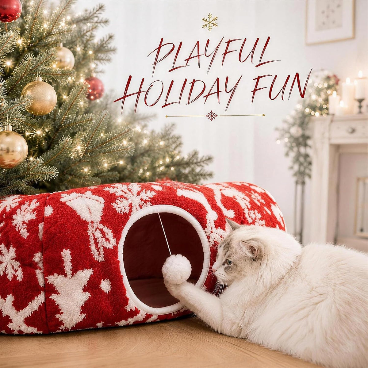 35.4" Christmas Cat Tunnel Bed, Plush Cat Cave & Tree Skirt