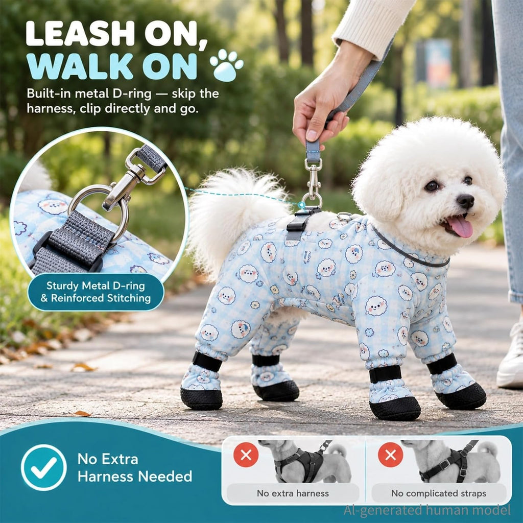 Dog Bodysuit with Shoes Dirtproof Onesie Anti-Slip Paw Protection (Blue,Medium)