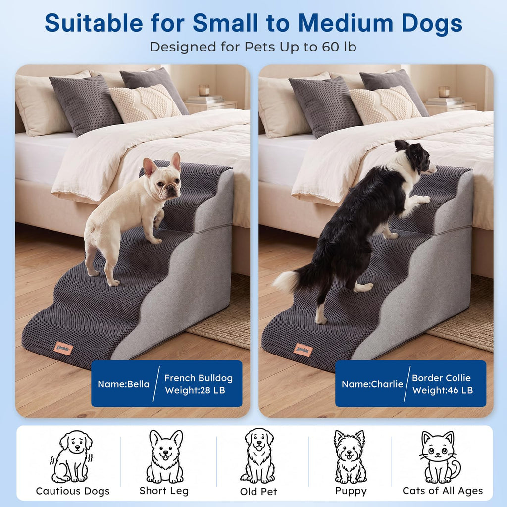 ZOMISIA Dog Stairs Ramp for High Beds Up to 25", 5 Step Pet Stairs Grey