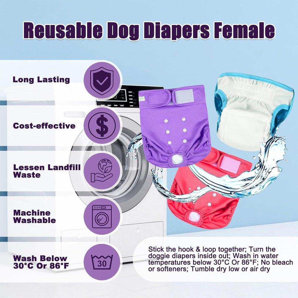 wegreeco Washable Reusable Premium Female Dog Diapers, Medium Dog Doggie Puppy & Doggy Diapers Female for Dog Waist 9.6"