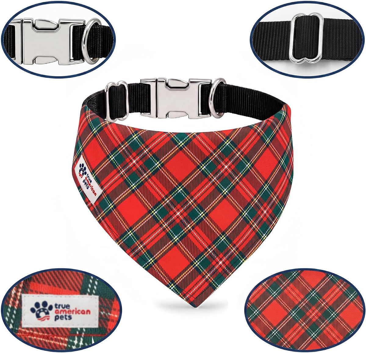 Christmas Tartan Plaid Dog Bandana 2-in-1 Adjustable Nylon Strap - Medium