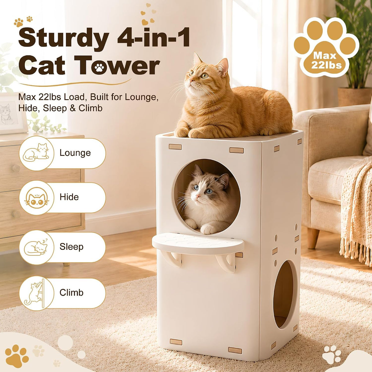 2-Storey Cat House Tower, Waterproof HDPE Plastic Cat Condo with External Jumping Platform & Dual Hideaway Caves, Easy t