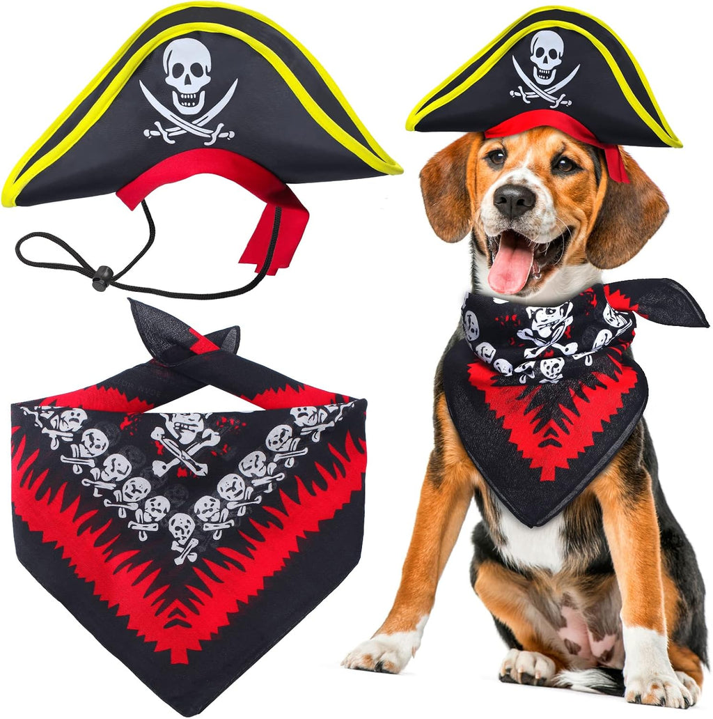 2 Pieces Skull Print Pet Pirate Hat with Pirate Skull Bandana Dog Cat Captain Cap Halloween Pirate Cosplay Costume Hallo
