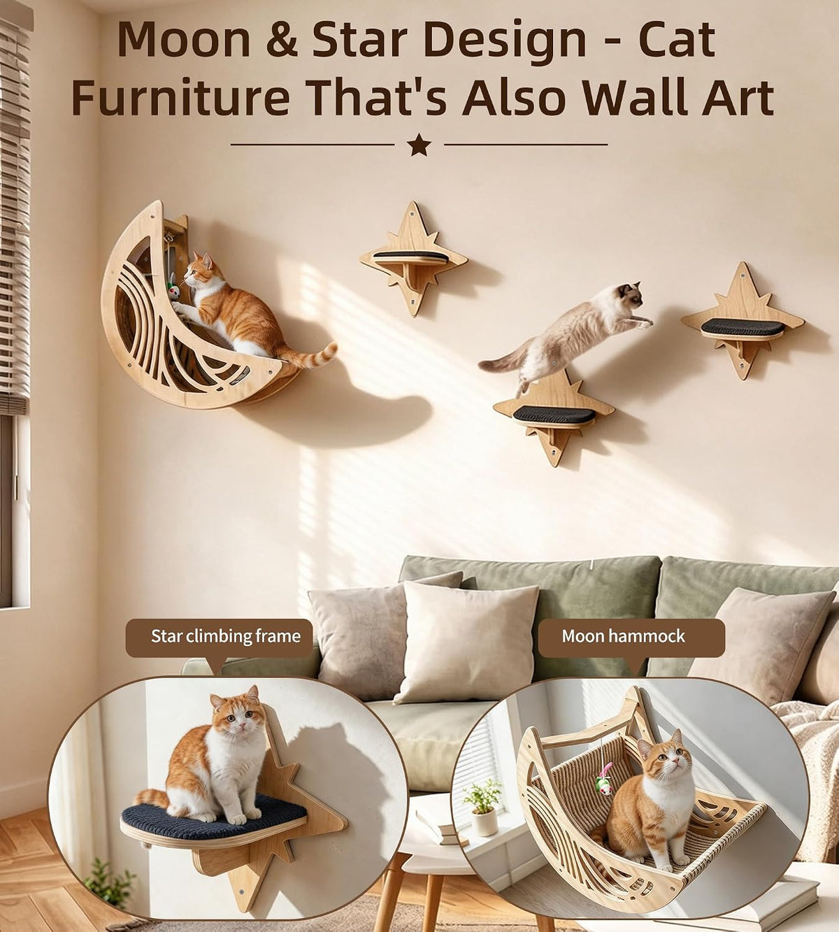 Star Cat Wall Shelves with Non-Slip Pads for Indoor Cats, Wall Mounted