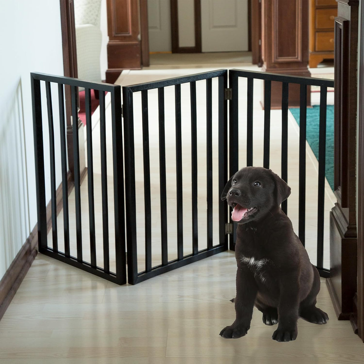 Pet Gate - 3-Panel Indoor Foldable Dog Fence for Stairs, Hallways, or Doorways - 54x24-Inch Wood Freestanding Dog Gates 