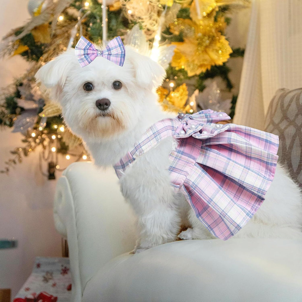 Dog Dress Bowknot Harness Leash Set for Small Dogs Girl Cute Plaid Dog Dress Pearls Bow Tie Spring Summer Princess Cloth