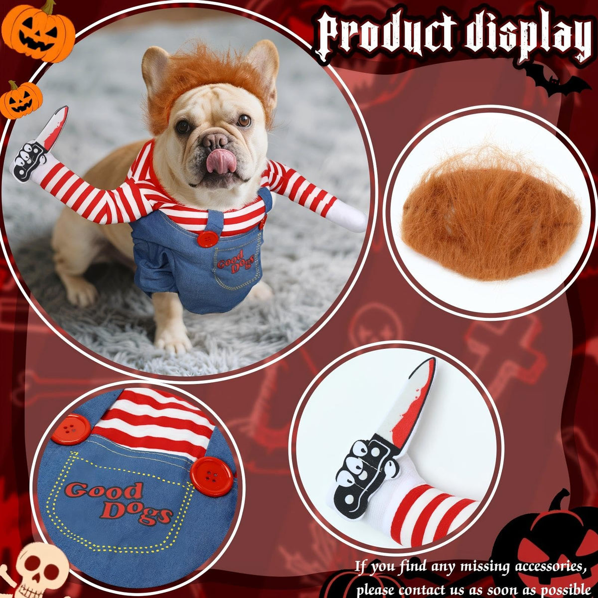 T2Y Dog Halloween Costume Pet Deadly Doll Chucky Dogs Costume with Knife & Wig, Dog Costumes for Medium Dogs Funny Party Cosplay Halloween for Corgi, Pug, Frenchie, Dachshund【M】