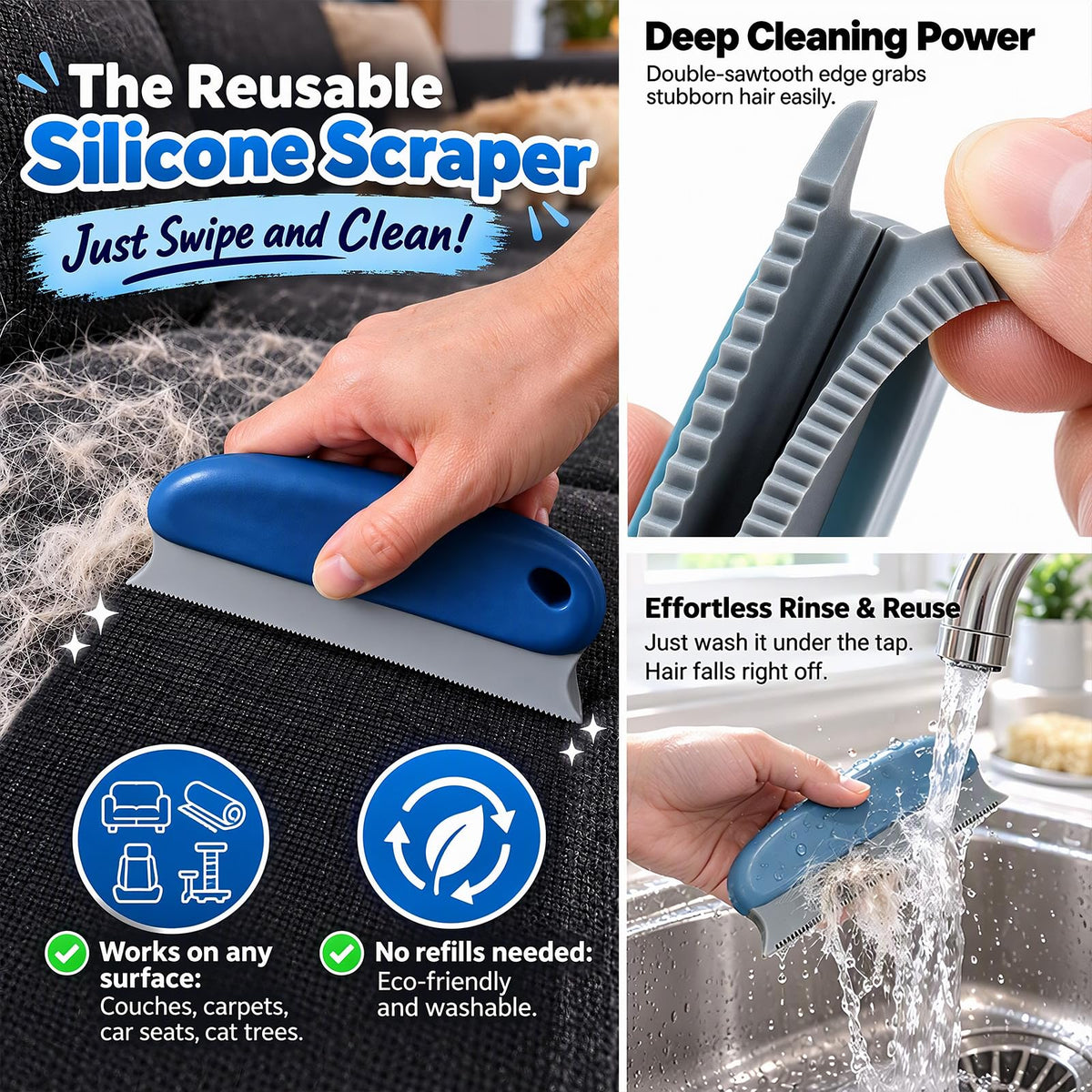 Qbily Pet Hair Remover 2nd Gen (3 Pack) - Reusable Lint Removal Tool for Couch, Carpets, Cat Trees, Car Mats, Furniture, Clothes, Pet Houses, Dog & Cat Hair Scraper Tool with Storage Bag