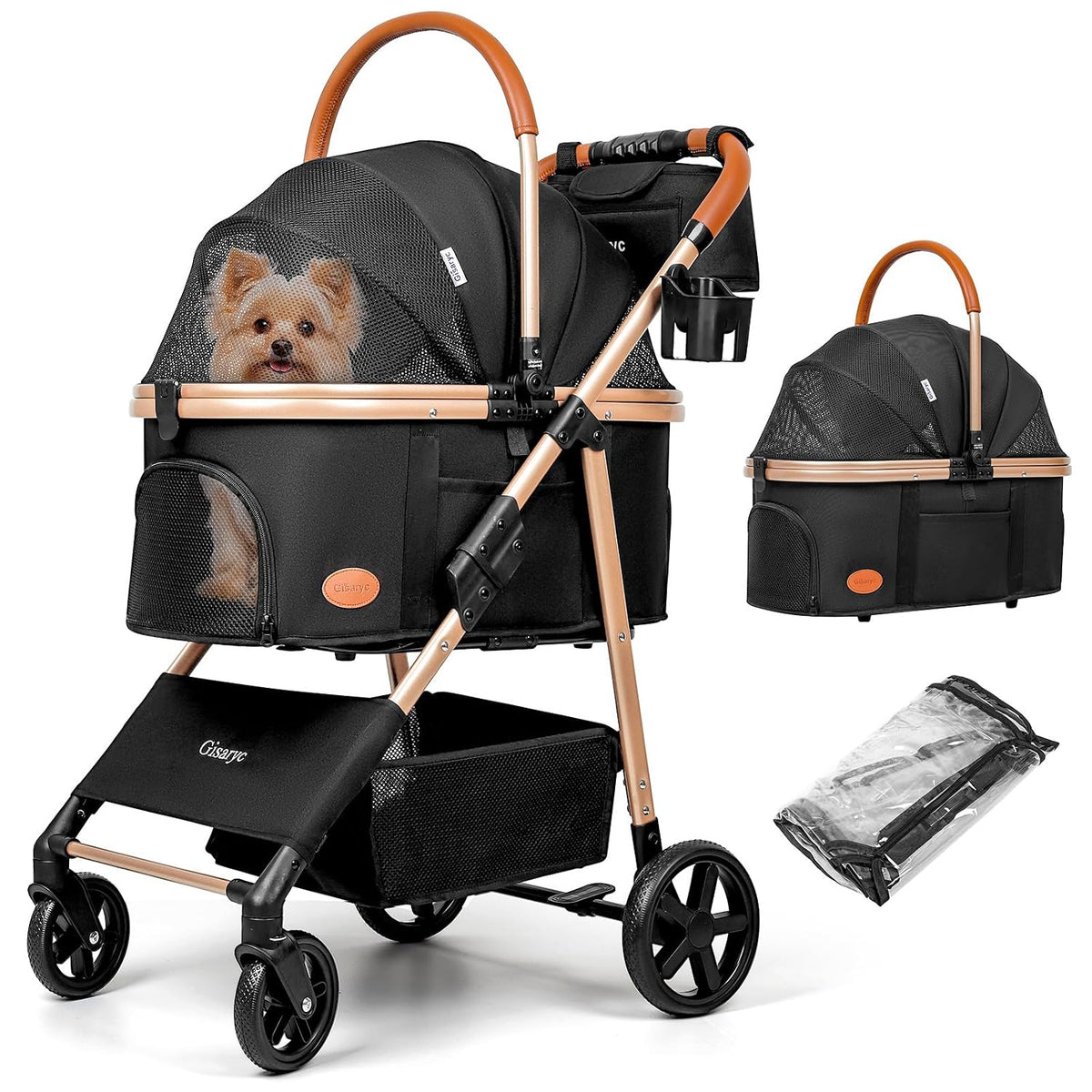 Dog Cat Stroller for Small/Medium Pets, 50 lbs, 3-in-1 Pet Stroller, Khaki