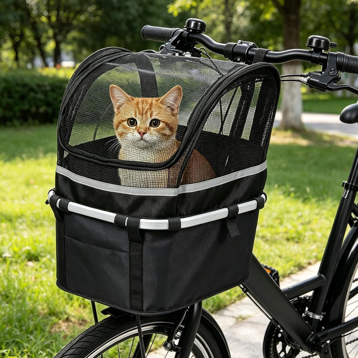 Pet Bicycle Basket with Mesh Window, Waterproof Lining