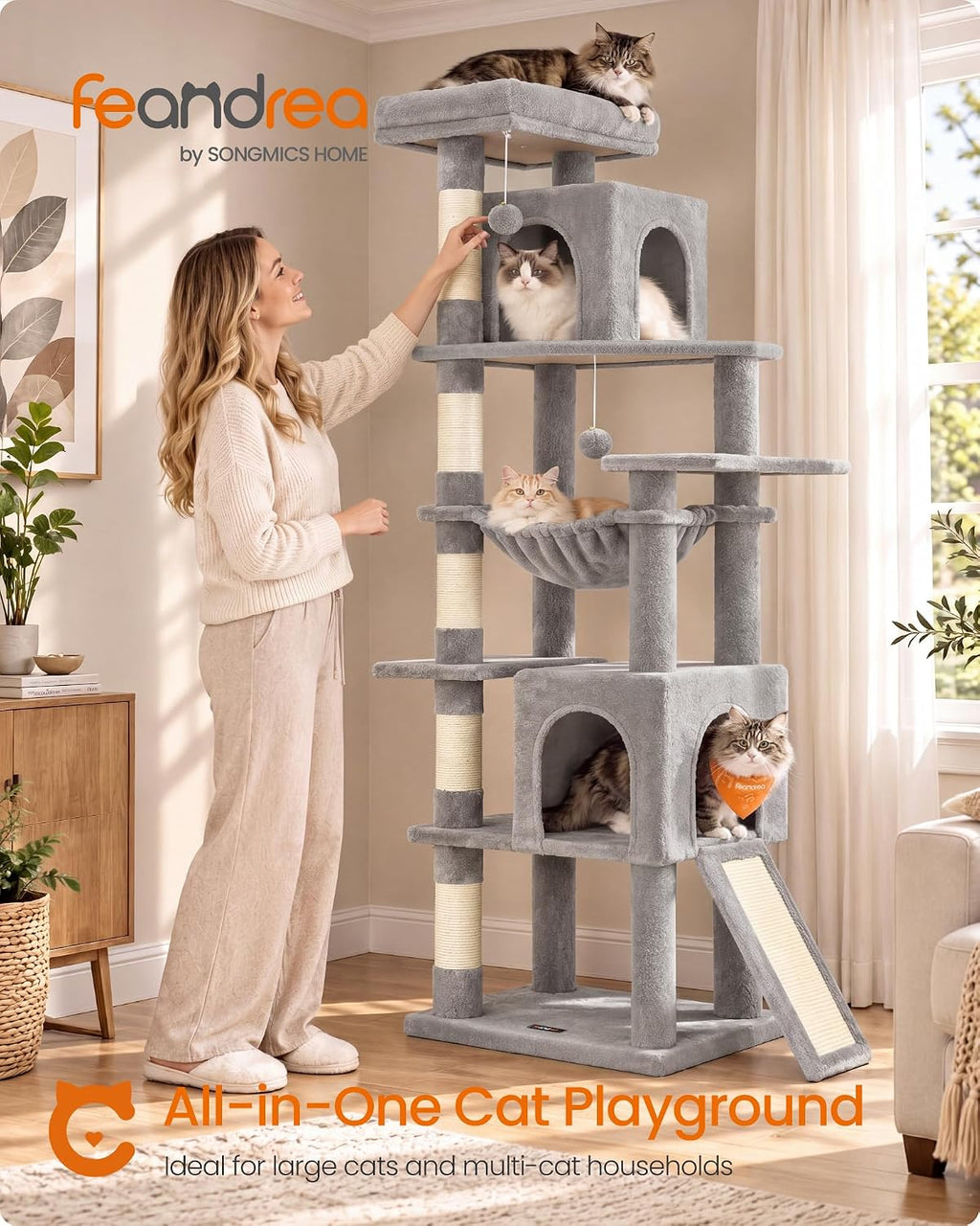 Feandrea Cat Tree, 70.3" Heavy Duty Cat Tower Condo for Indoors, Dove Gray