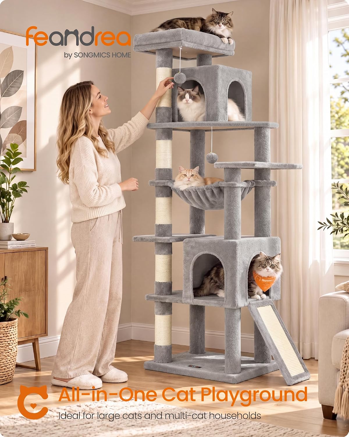 Feandrea Cat Tree, 70.3" Heavy Duty Cat Tower Condo for Indoors, Dove Gray