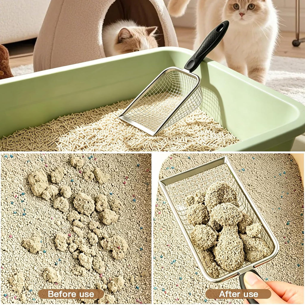 Cat Litter Scoop - Long Handle Scooper, Rustproof Stainless Steel Mesh, Non-Slip Grip, Deep Shovel Sifter for All Litter