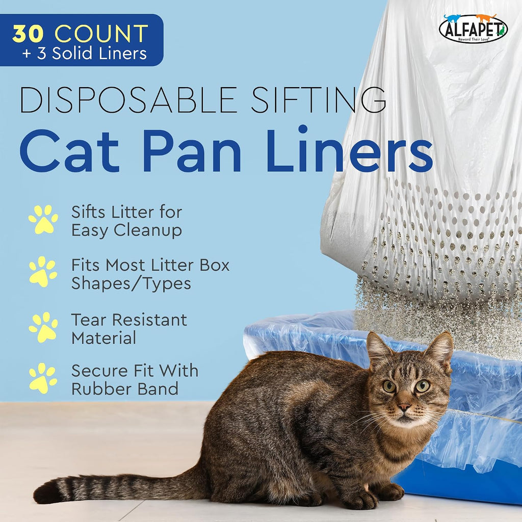 Alfapet Original Sifting Cat Litter Box Liners - Extra Giant 30 Count - Tear-Resistant Cat Litter Bags - Waterproof Kitt