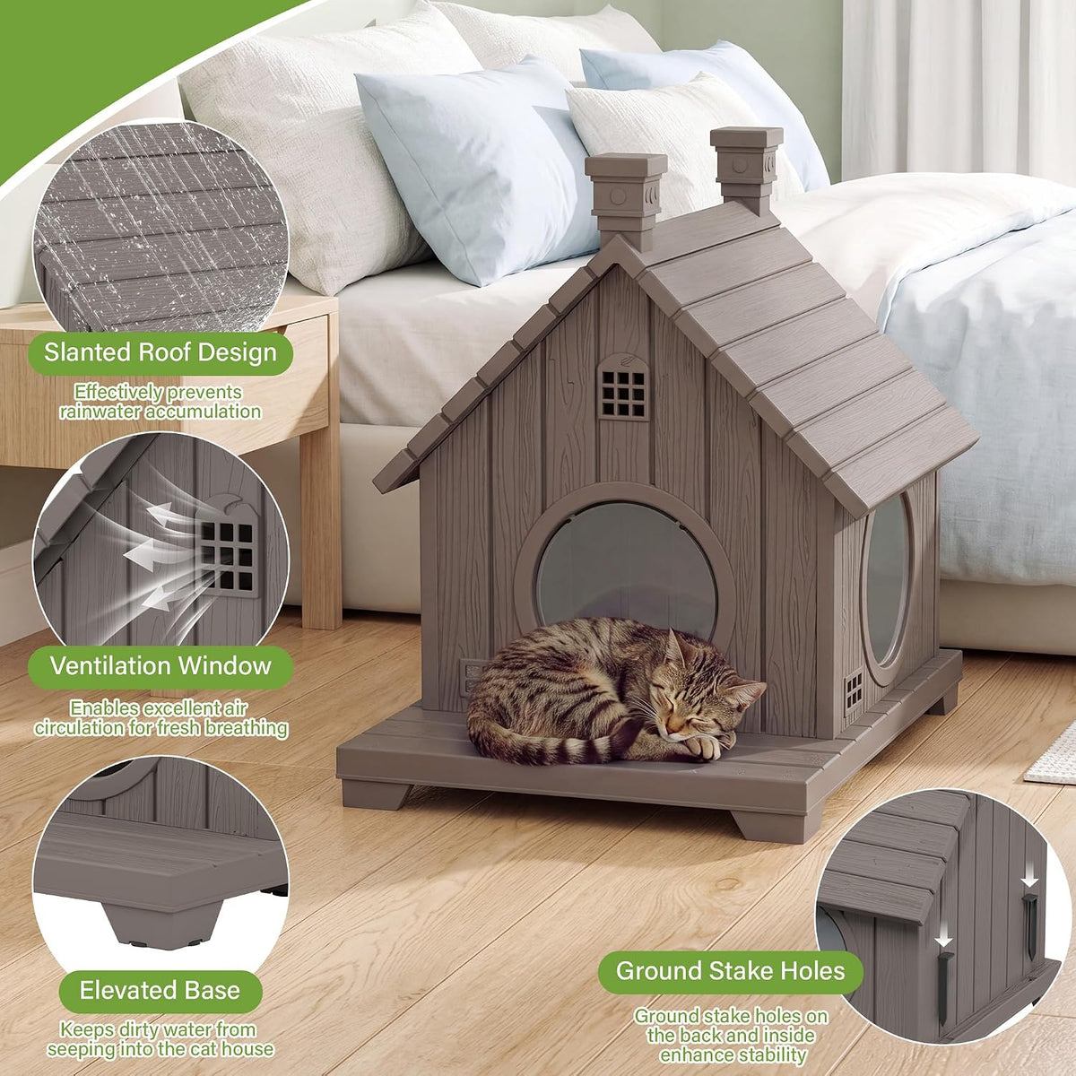 Outdoor Cat House Weatherproof, Durable Resin Cat Houses for Outdoor Indoor Cats, Litter Box Enclosure with Elevated Bas