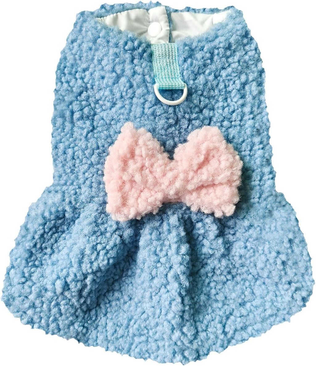 Winter Dog Dress with Bow & Leash Ring, Warm Puppy Clothes for Small Dogs