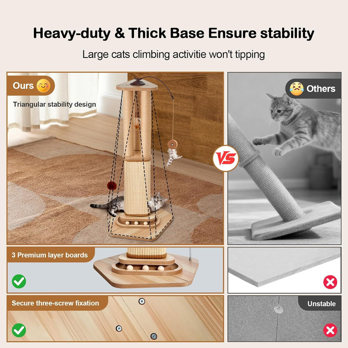 Odoland 34 Inch Cat Scratching Post for Multi Cats with 4 Interactive Toys