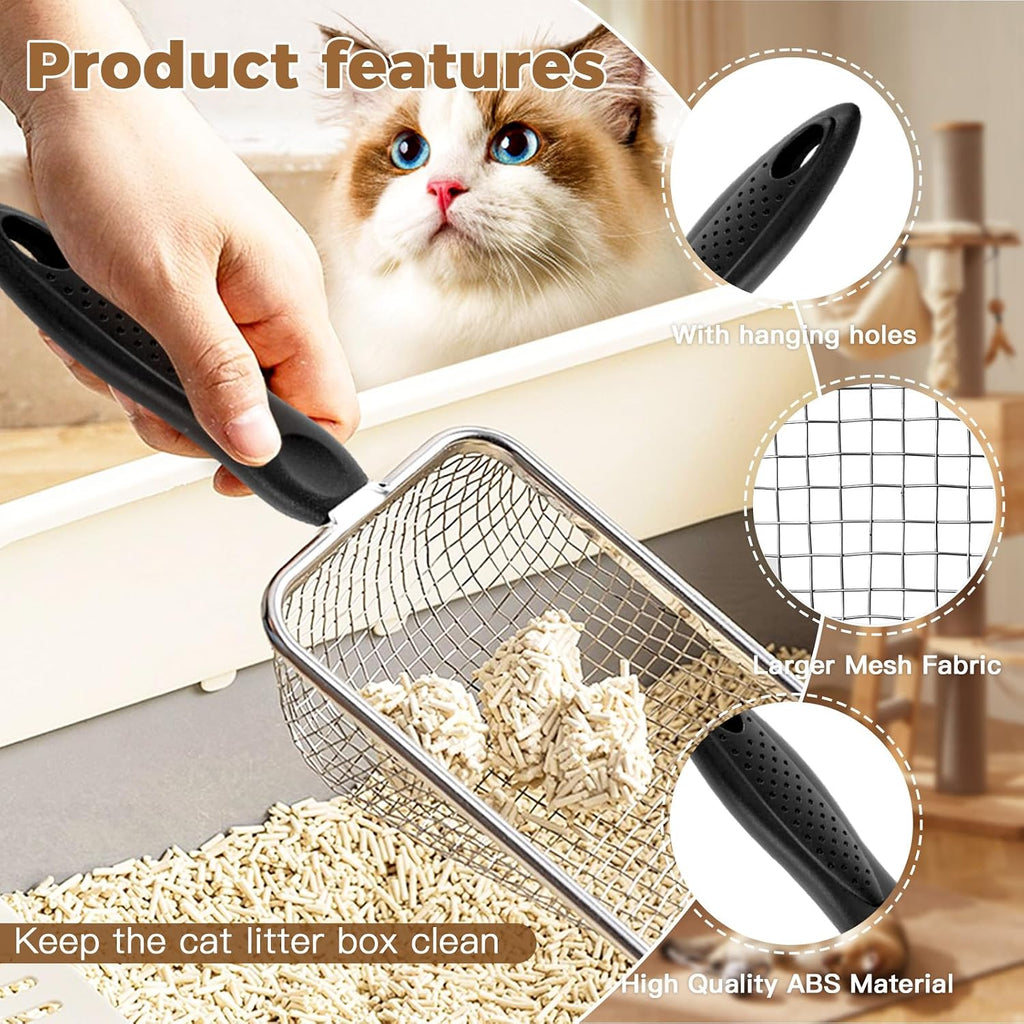 Cat Litter Scoop - Long Handle Scooper, Rustproof Stainless Steel Mesh, Non-Slip Grip, Deep Shovel Sifter for All Litter