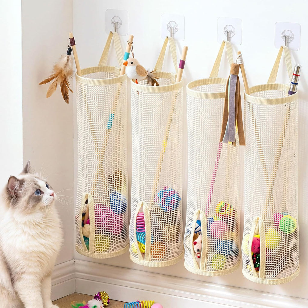 Hsei 4 Pack 15.16" Cat Wand Toy Organizer, Mesh Storage Bag Holder & Hooks