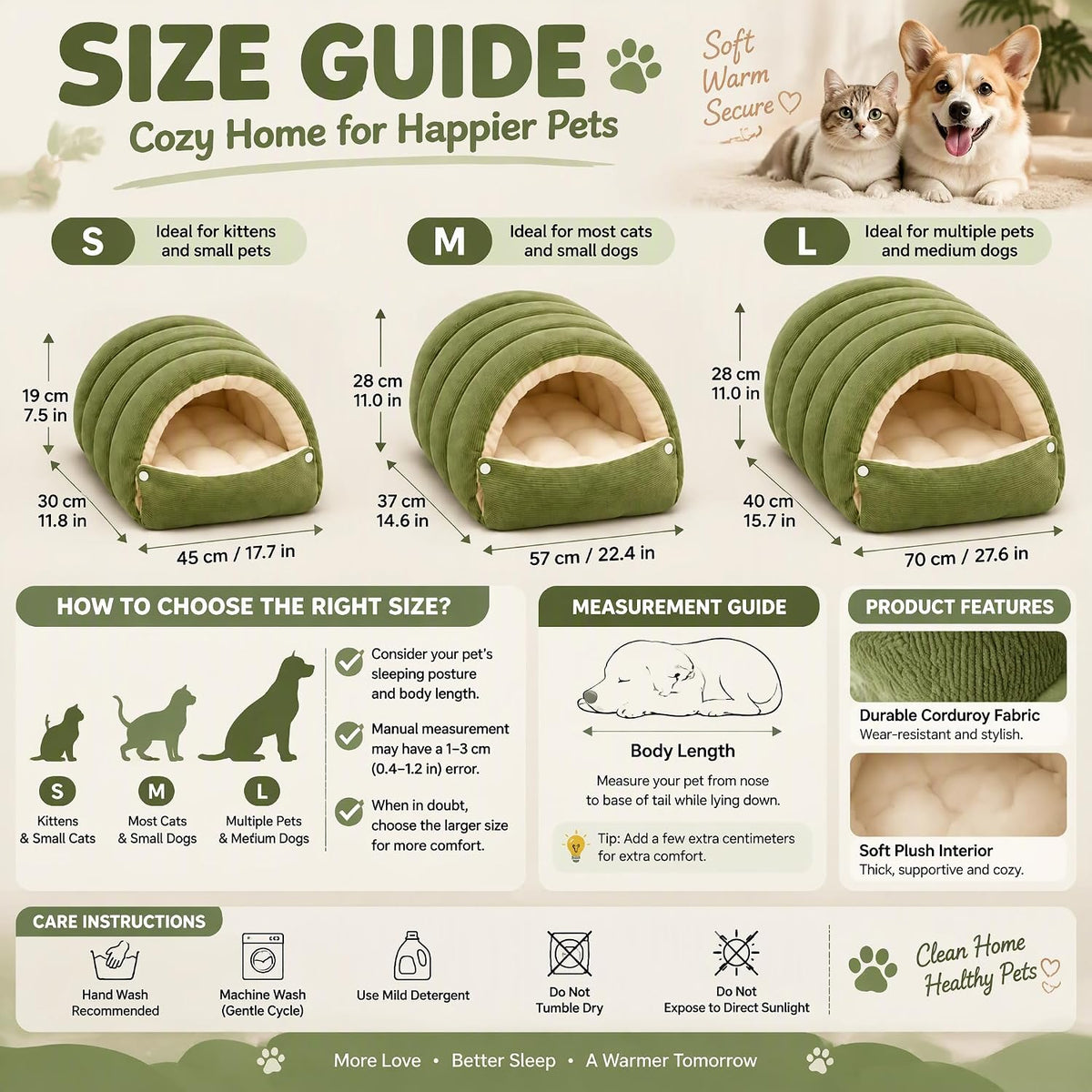 Dachshund Cave Bed, Dog Cave Bed for Dogs & Cats (Olive Green, Medium)