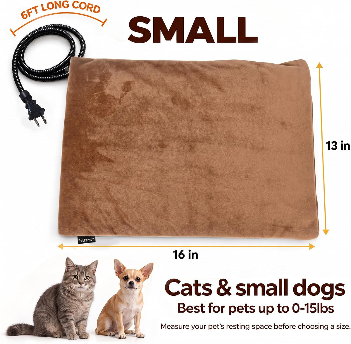 Cat Heating Pad, Heated Cat Bed, MET Safety Listed, Constant Warmth, Brown