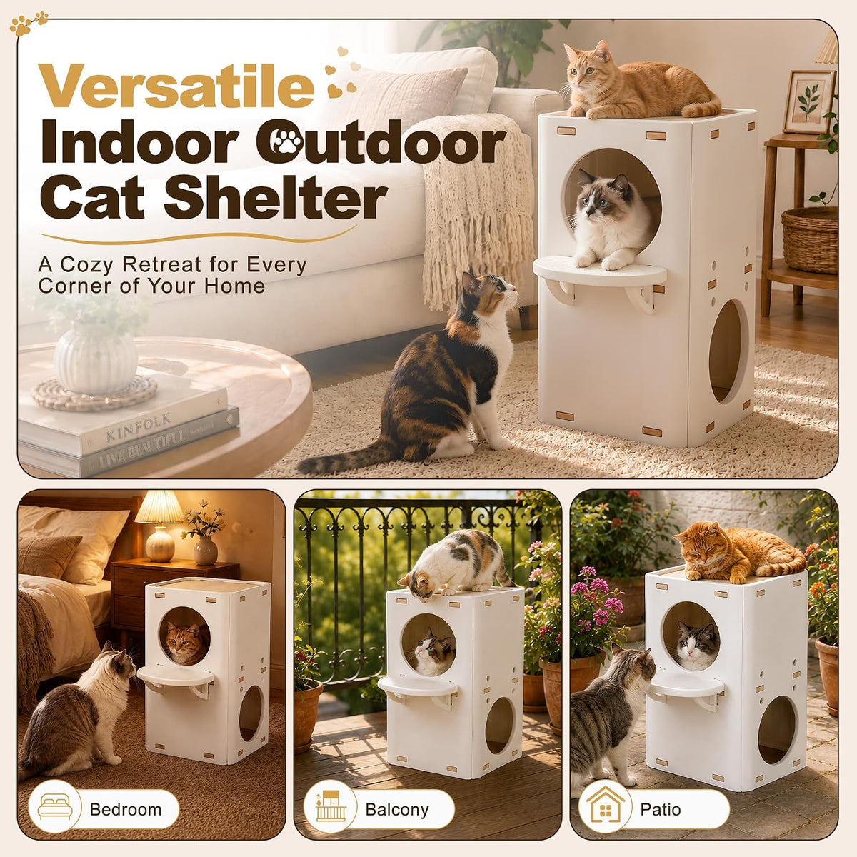 2-Storey Cat House Tower, Waterproof HDPE Plastic Cat Condo with External Jumping Platform & Dual Hideaway Caves, Easy t