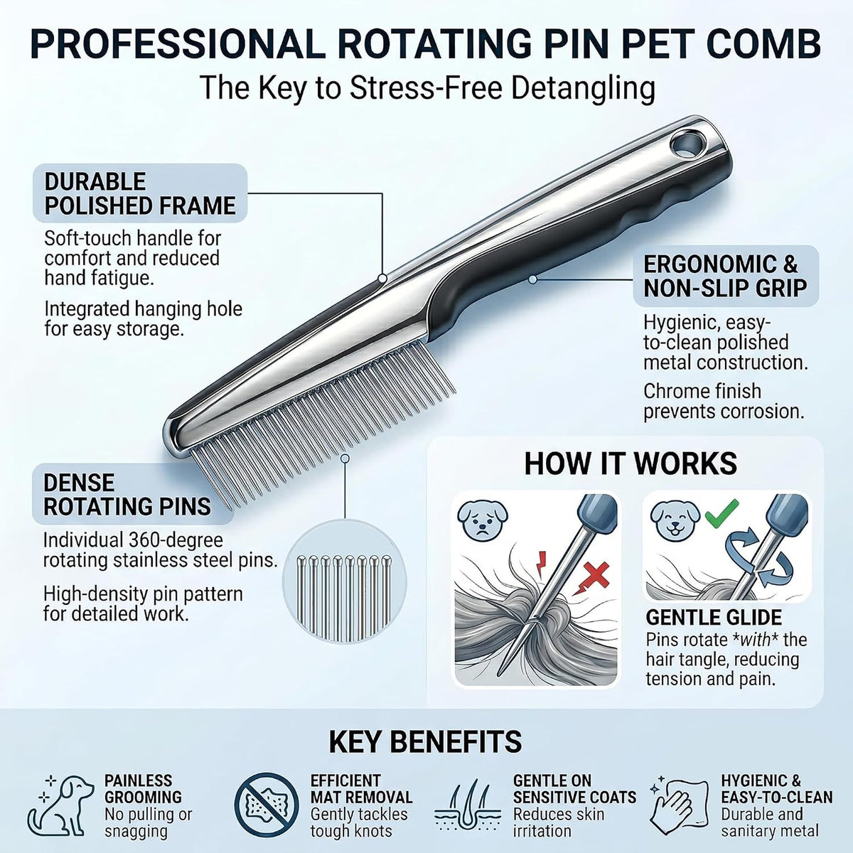 Pet, Cat, & Dog Comb with Rotating Teeth for Detangling Long Hair