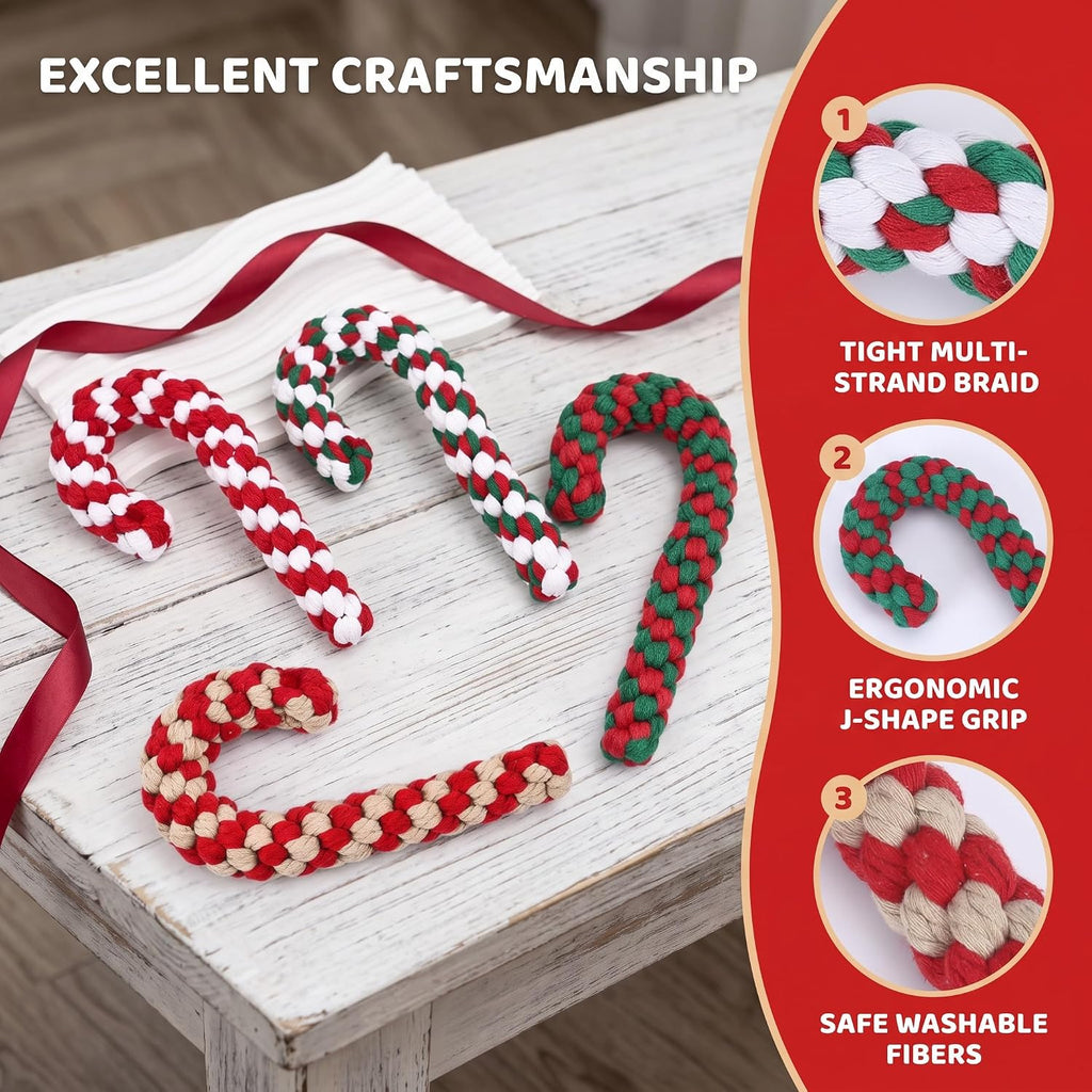 4 Pack Christmas Dog Rope Toys, Candy Cane Pet Toys for Interactive Play