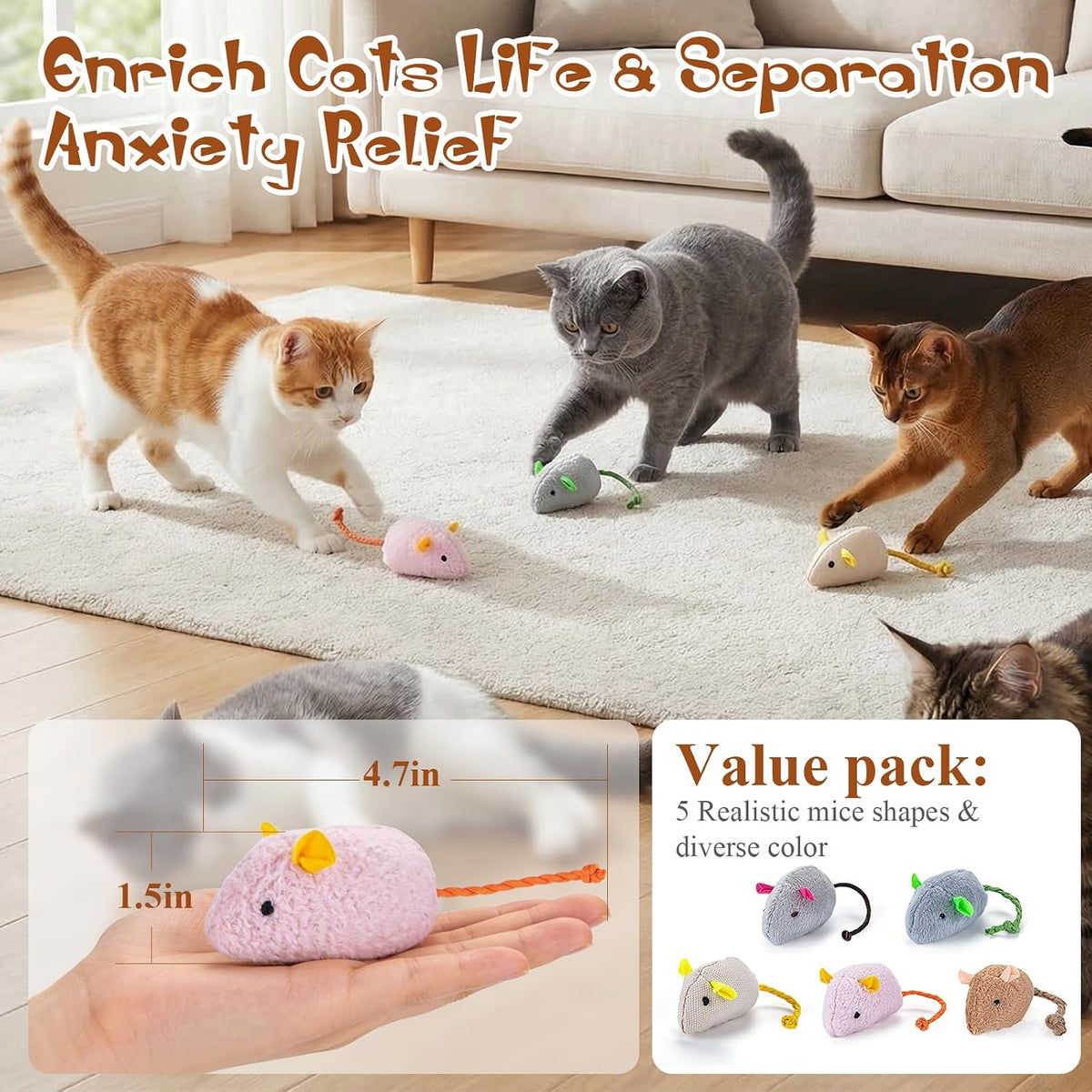 NAHSHON 15PCS Cat Mouse Toys Prefilled Catnip Toys