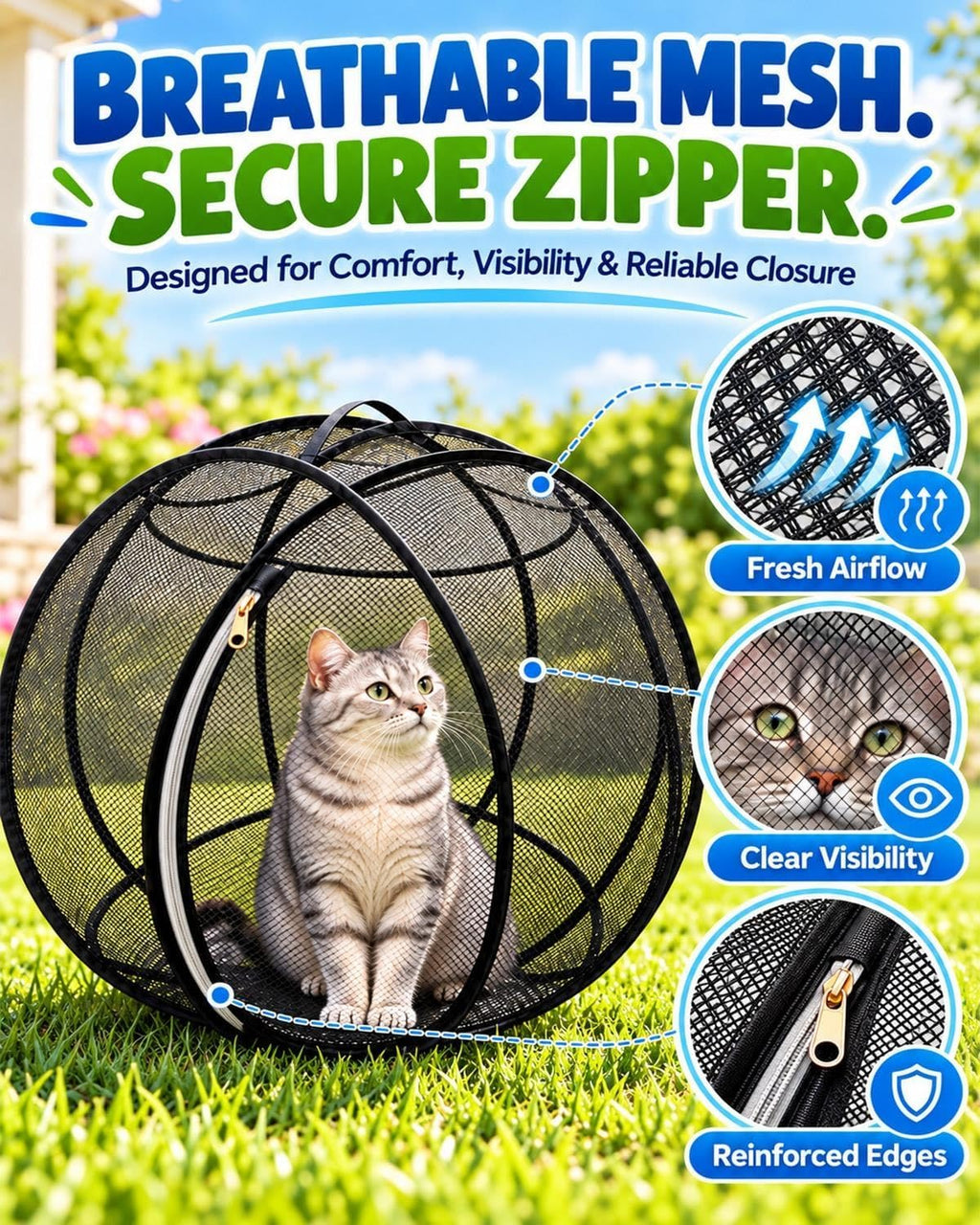 360° Panoramic Pop-Up Rolling Cat Playpen Ball,Outdoor Foldable Enclosure