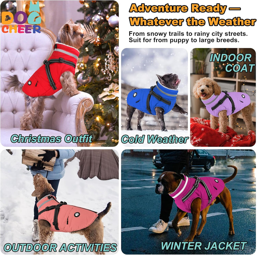 Dogcheer Dog Coat with Harness and Zipper, Waterproof Dog Fleece Jacket