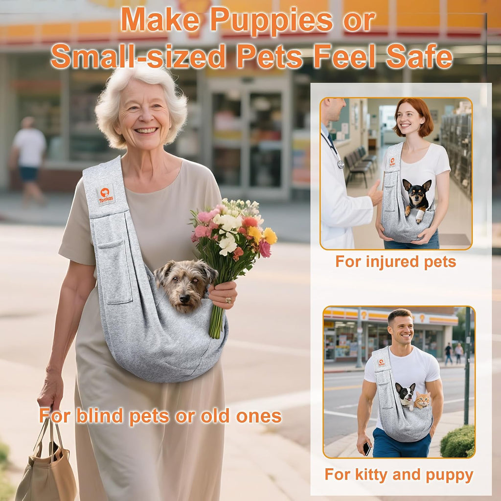 Tomkas Small Dog Cat Sling Carrier Puppy Purse Travel Wrap Soft Crossbody Pet Bag (Gray, M - Classic Pocket & Classic St