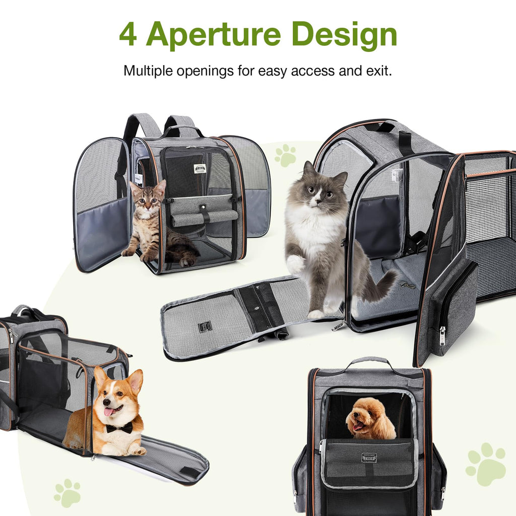 Lekebobor Cat Carrier Backpack, Expandable Pet Carrier with Sun Shade & Full Front Opening, Breathable Mesh Backpack for Small Dogs & Medium Cats Up to 18 Lbs, Foldable for Hiking, Camping (Grey)